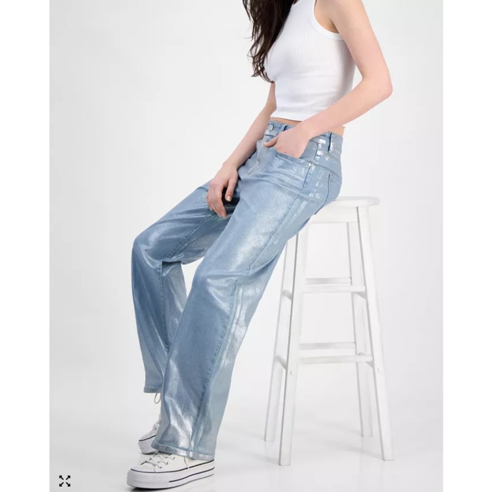 Superjene Juniors' Metallic Coated Wide-Leg Jeans Size 9 NWT